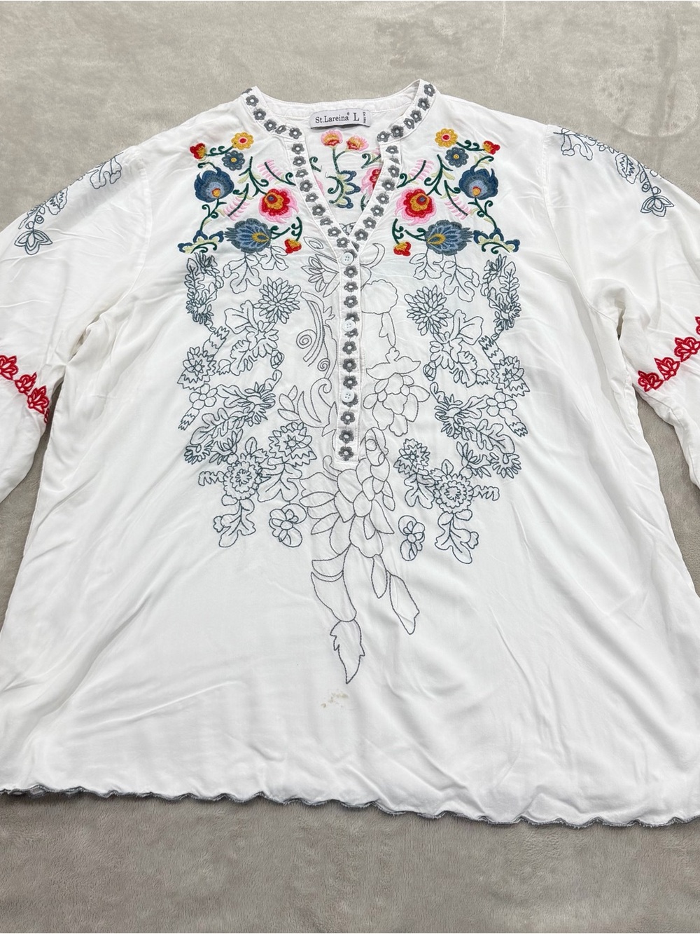 St Lareina Womens L Embroidered Floral Boho Tunic Blouse White Bell Sleeve Top